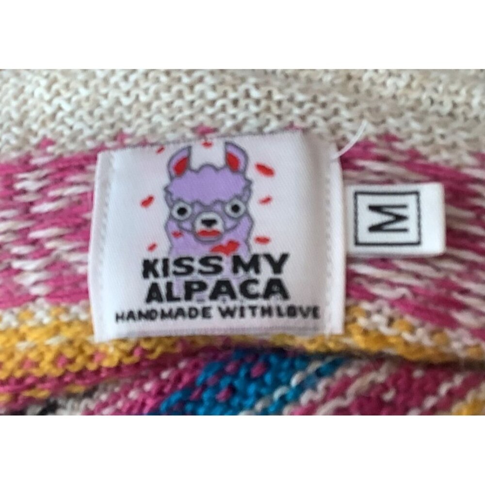 Kiss My Alpaca Multicolor Knit Hoodie Pullover Sweater Lace-Up Neck Women Size M - Picture 7 of 8